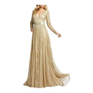 Mac Duggal Long Sleeve Sequin & Bead Stripe Gown NWT